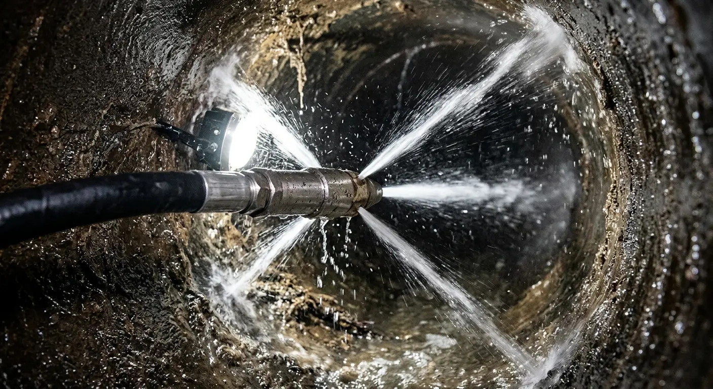 High-pressure hydro jetting nozzle cleaning sewer pipe for Sewer Cleanout in Monroe